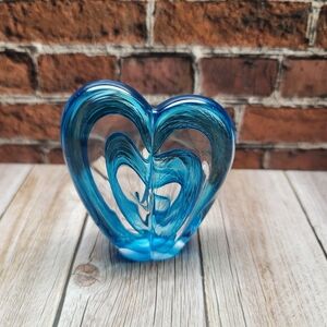 Blue Swirl Art Glass Heart Sculpture Paperweight